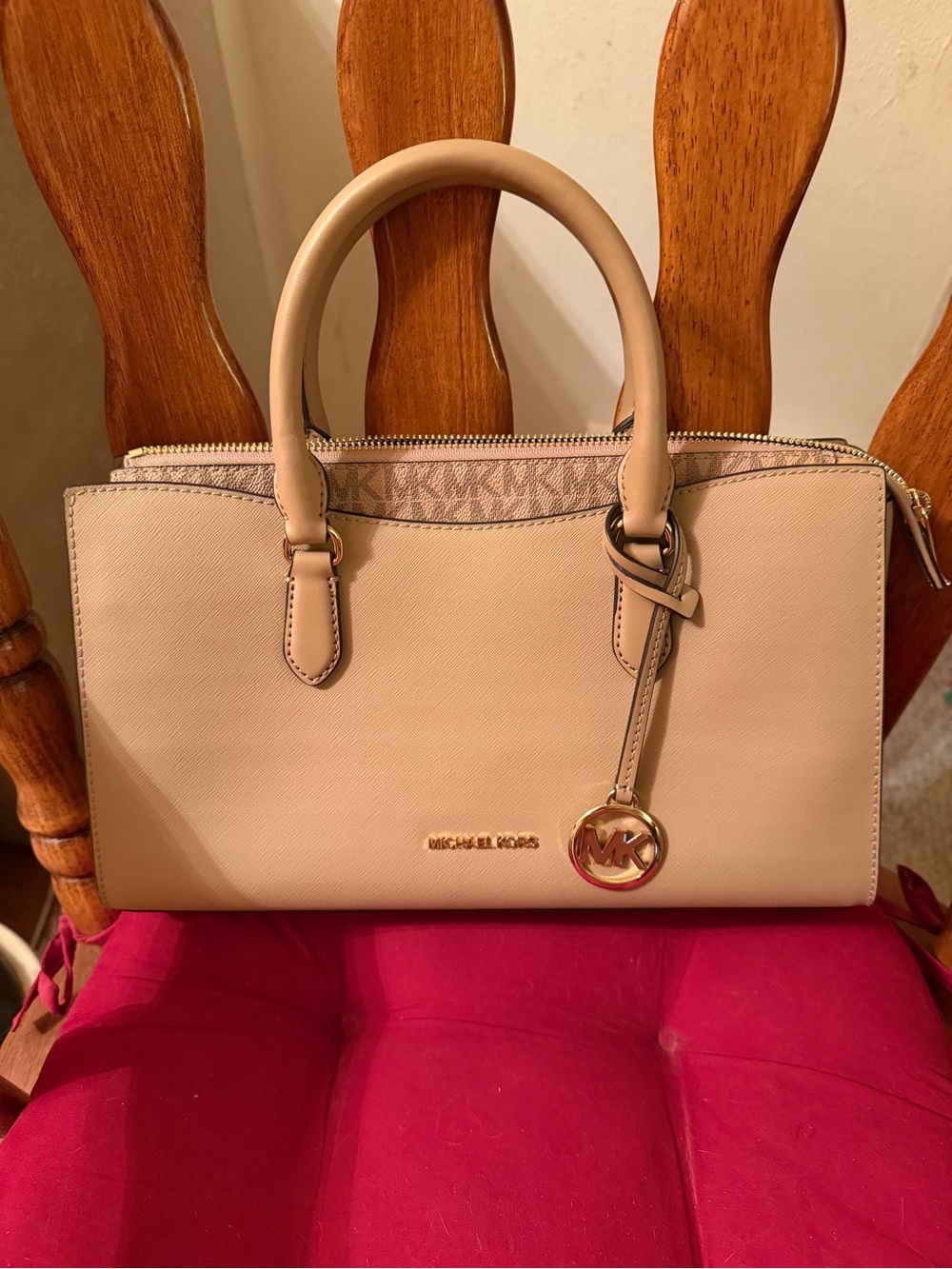 Michael Kors Light Beige Saffiano Leather Satchel with MK Logo Charm